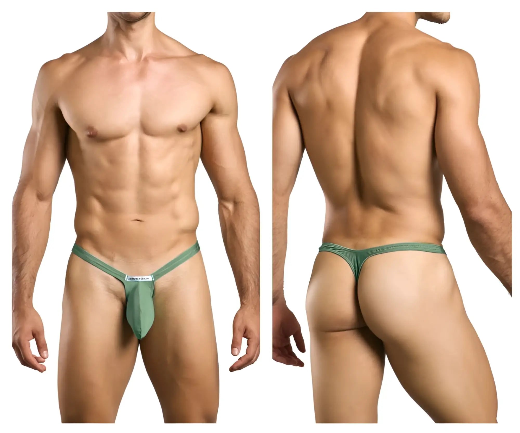 Green mesh bulge thong with small white label on front band from JUSTIN+SIMON XSJBU02 collection