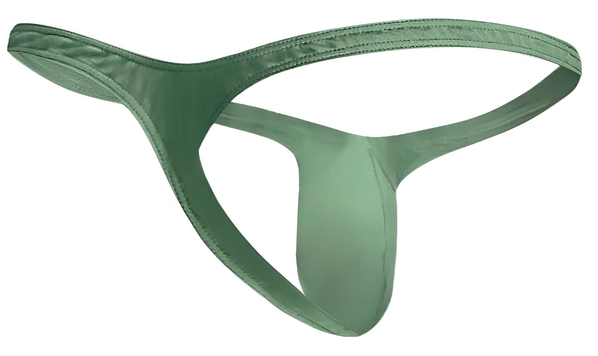 Justin Simon xsjbu02 bulge thong in new green satin with subtle sheen and reinforced stitching on edges
