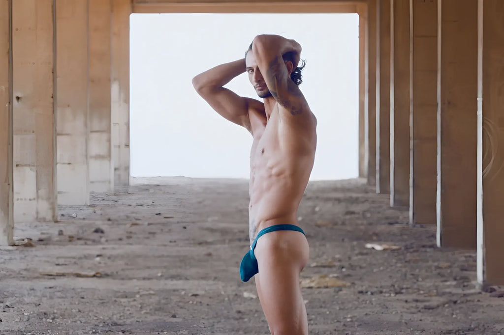 Teal blue jockstrap by JUSTIN SIMON XSJBU02 bulge thongs in opal green designed for supportive comfort