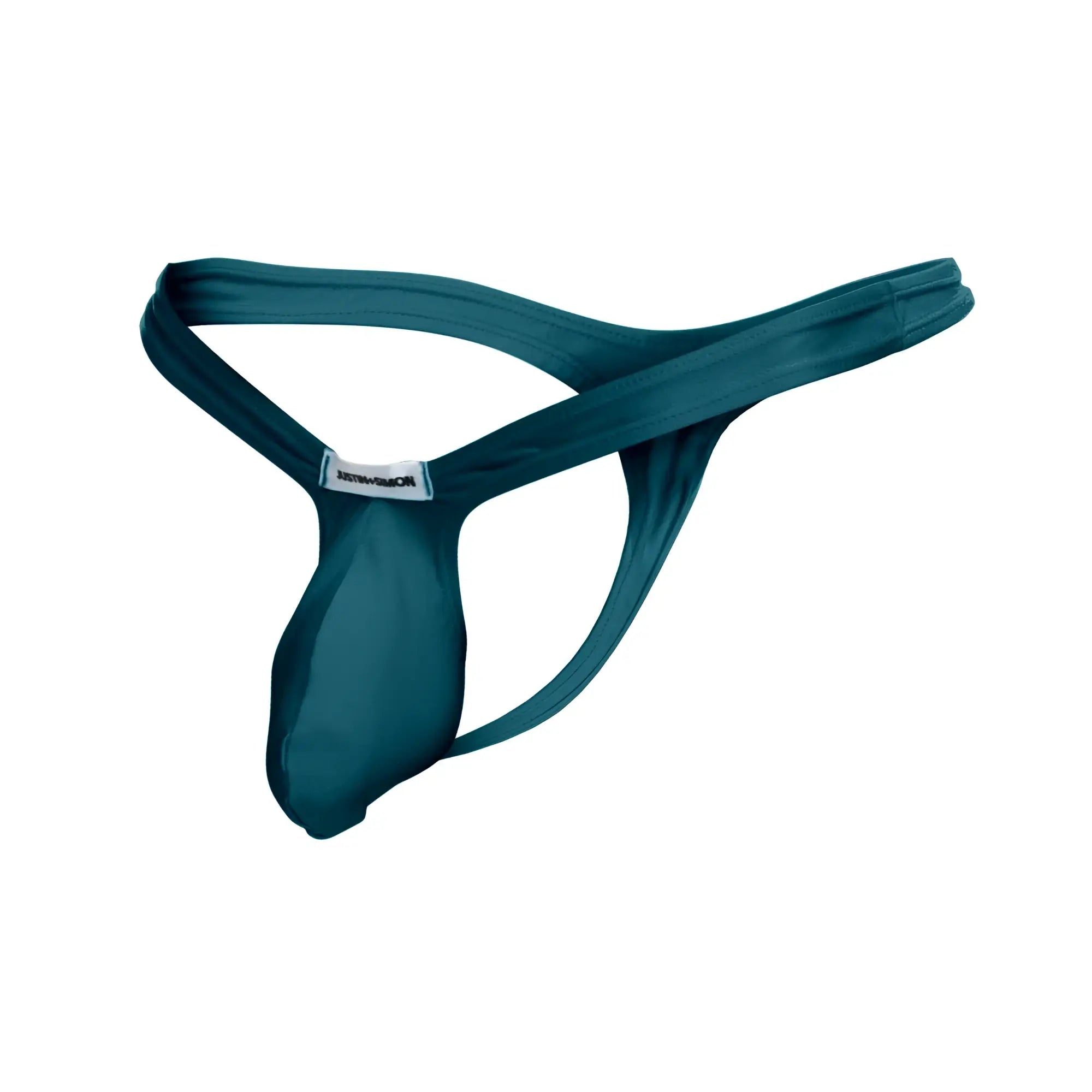 Teal men’s thong in smooth stretchy fabric with branded tag at the back in justin simon xsjbu02 bulge thong opal green
