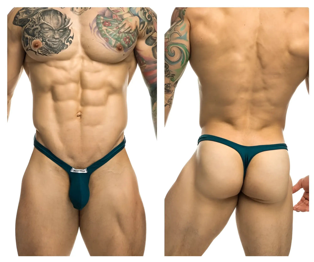 Justin Simon opal green bulge thong in teal with a small silver logo at the front made of soft fabric