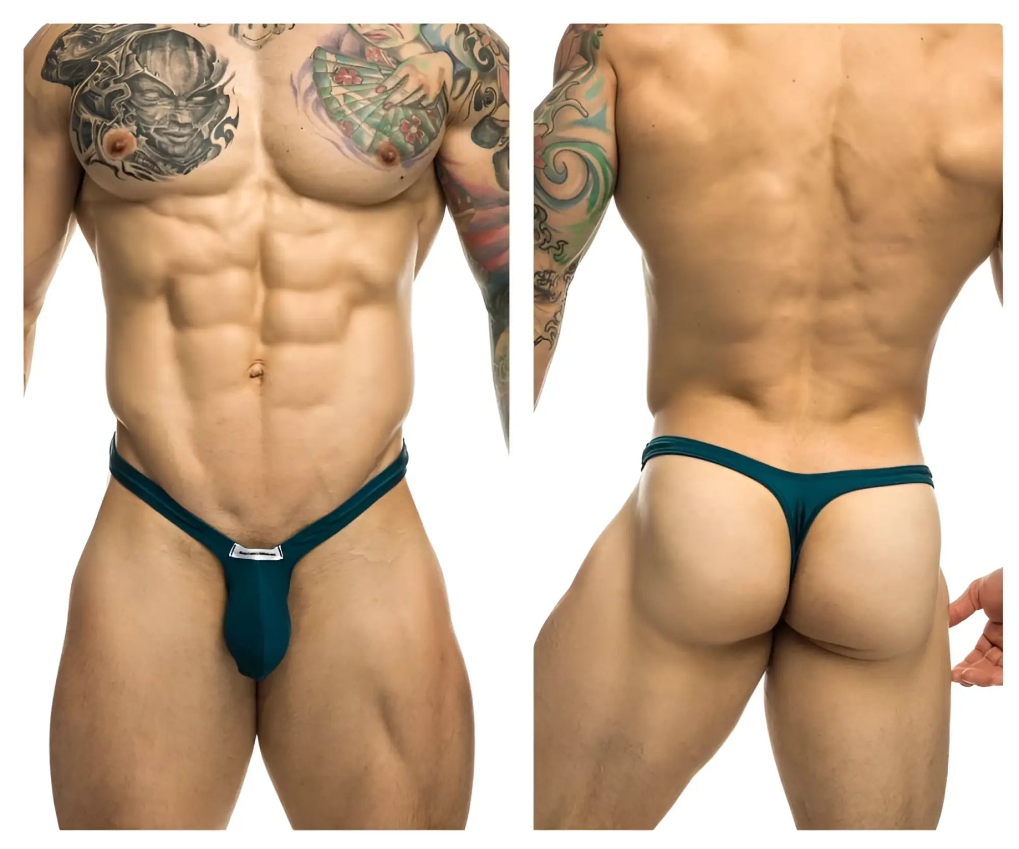 Justin Simon opal green bulge thong in teal with a small silver logo at the front made of soft fabric