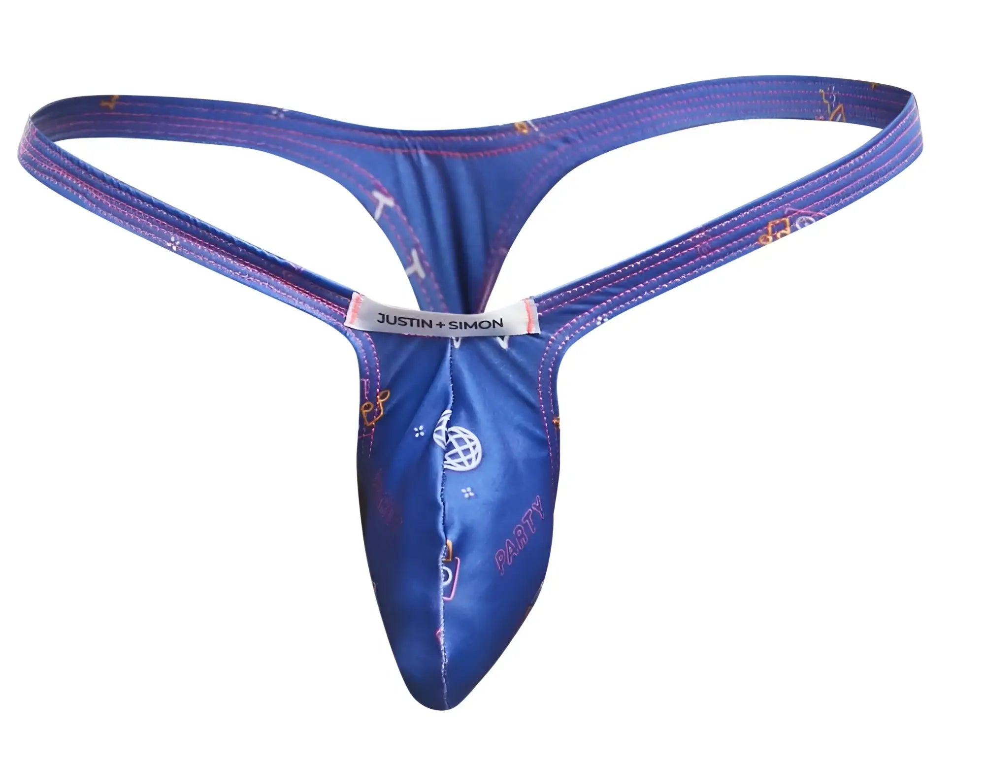 Blue justin simon thong with shiny patterned fabric featuring white and pink graphics from justin simon xsjbu02 bulge thongs color party