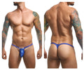 Justin plus simon xsjbu02 bulge thong in shiny blue with a small decorative emblem on the front for party wear