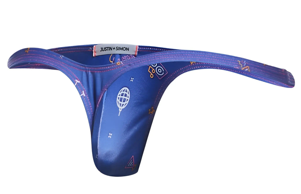 Blue justin simon bulge thong with shiny satin finish and playful white orange graphic print featuring globes and speakers