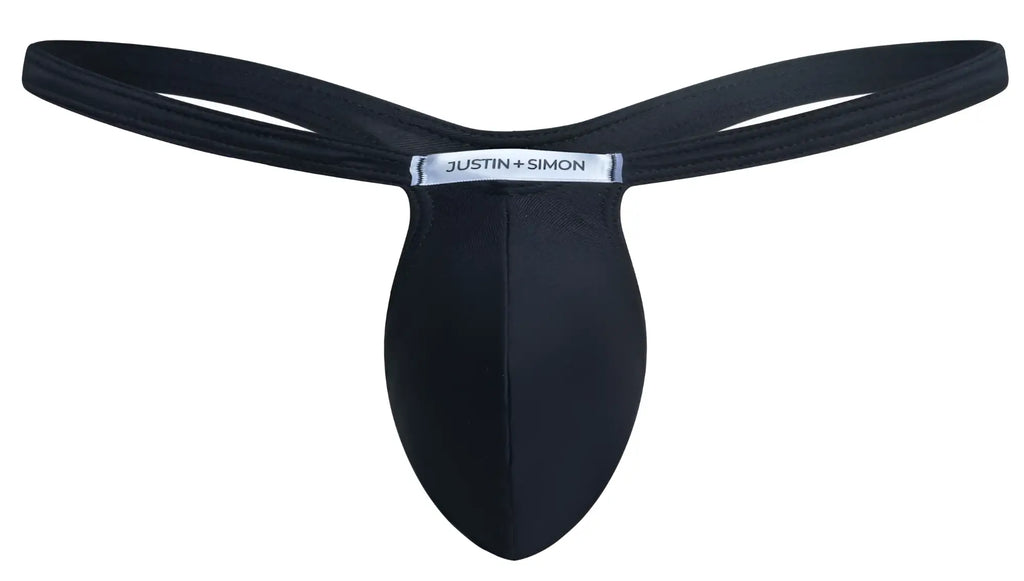 Black justin simon bulge thong with smooth stretchy fabric and sleek minimalist design in peach black color