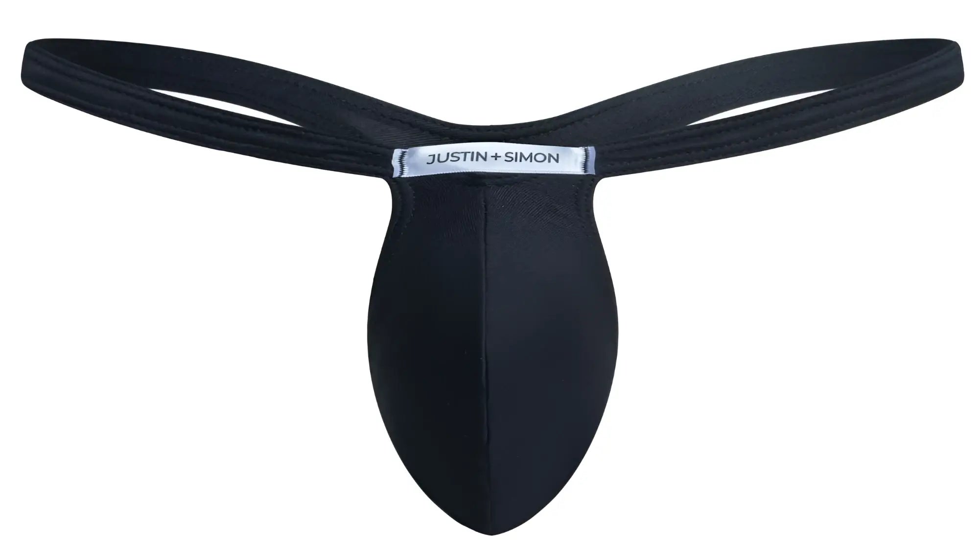 Black justin simon bulge thong with smooth stretchy fabric and sleek minimalist design in peach black color