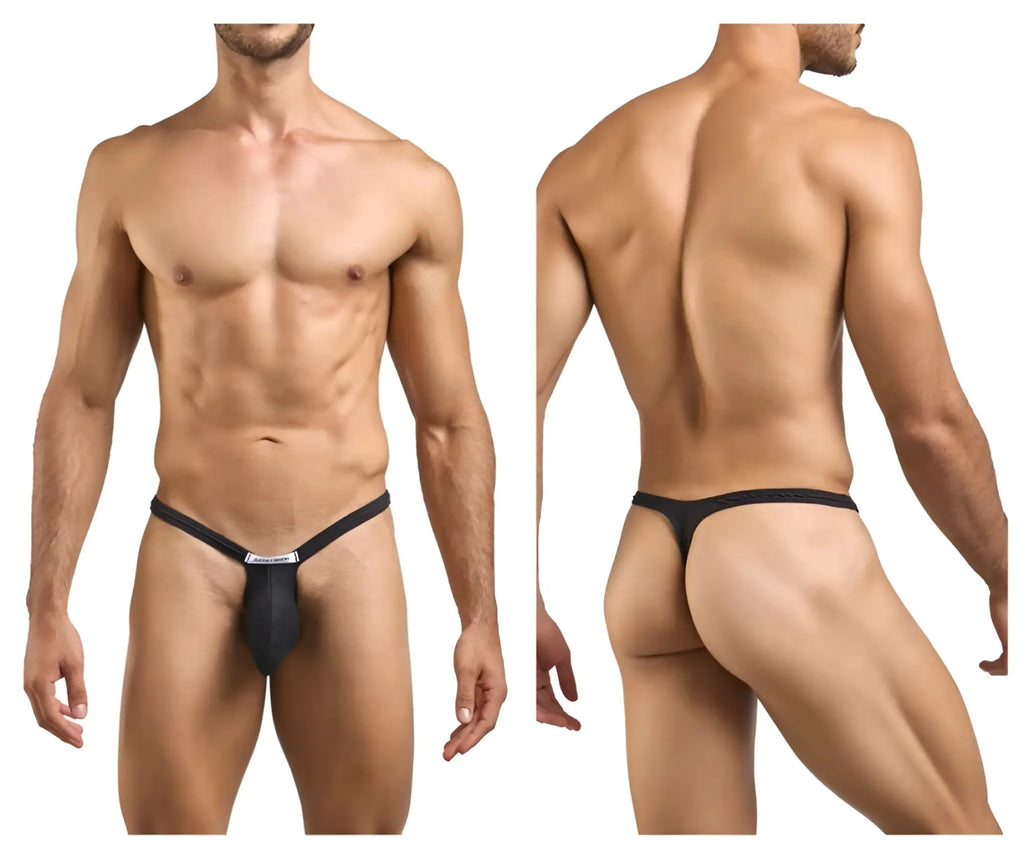 Black thong from justin simon xsjbu02 bulge thongs with narrow waistband and small rectangular logo on front