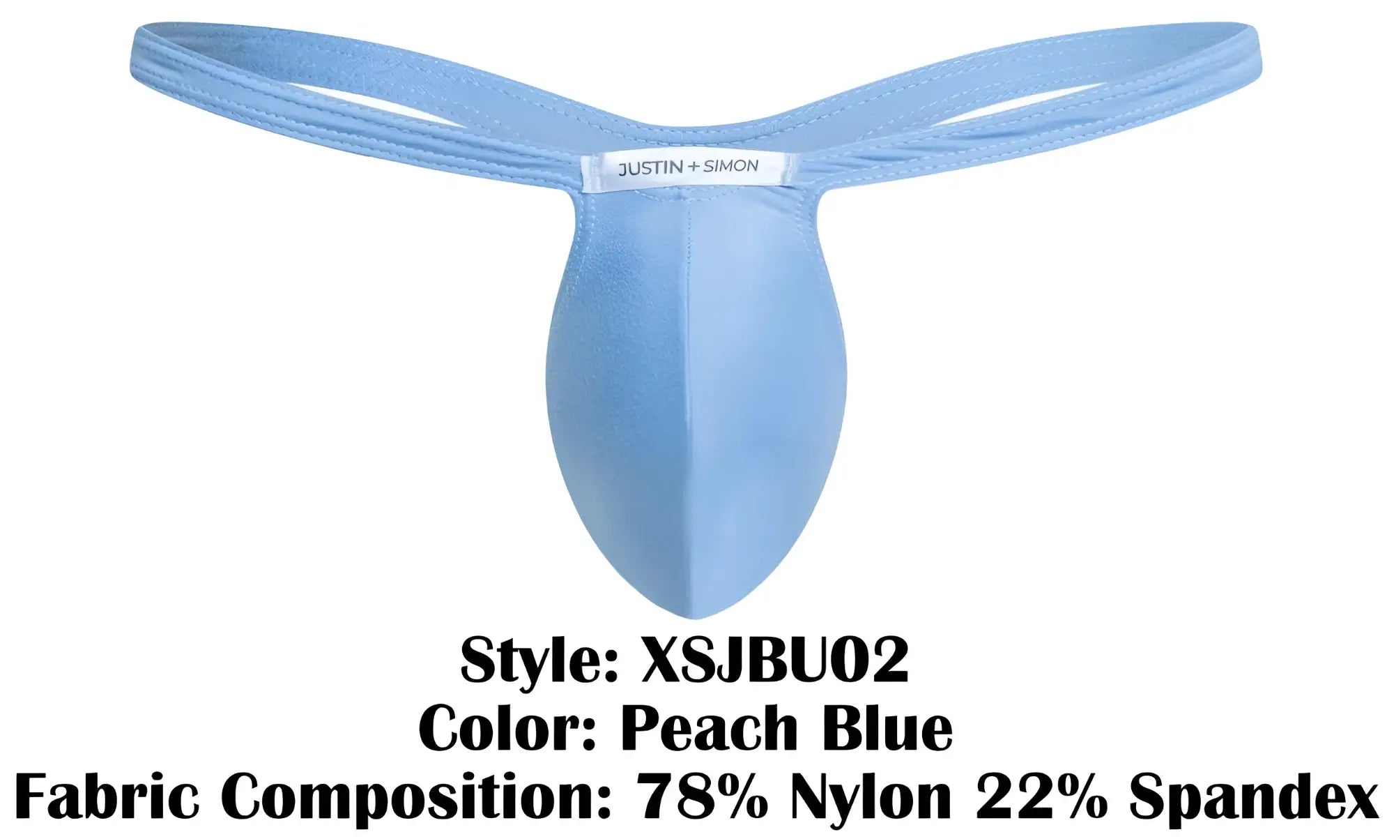 Justin simon xsjbu02 bulge thong in peach blue with sleek contoured design made from soft nylon spandex blend