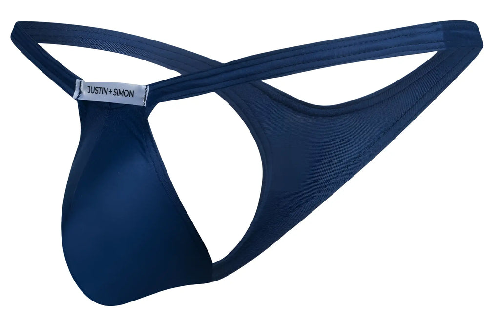 Navy blue justin plus simon bulge thong with smooth stretchy fabric and crossed back straps shown from the back side
