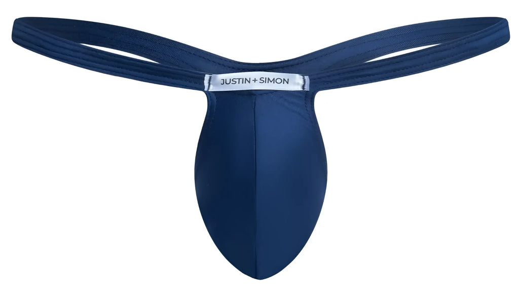 Navy blue justin simon thong with smooth form-fitting fabric and sleek contoured design from justin simon xsjbu02 bulge thongs