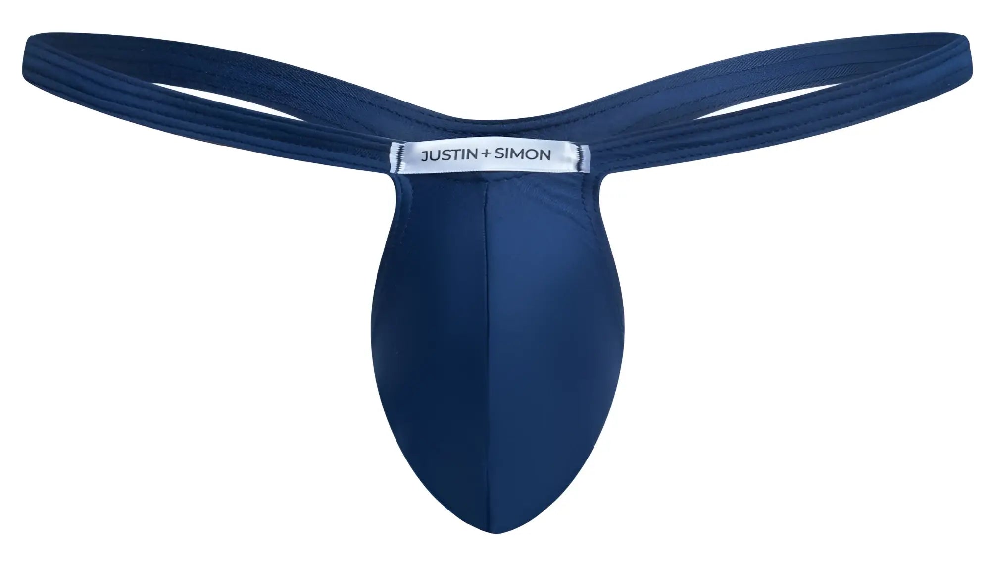 Navy blue justin simon thong with smooth form-fitting fabric and sleek contoured design from justin simon xsjbu02 bulge thongs