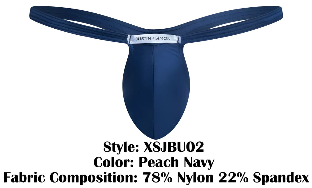 Peach navy justin simon bulge thong in sleek form-fitting design made of 78 nylon 22 spandex front view