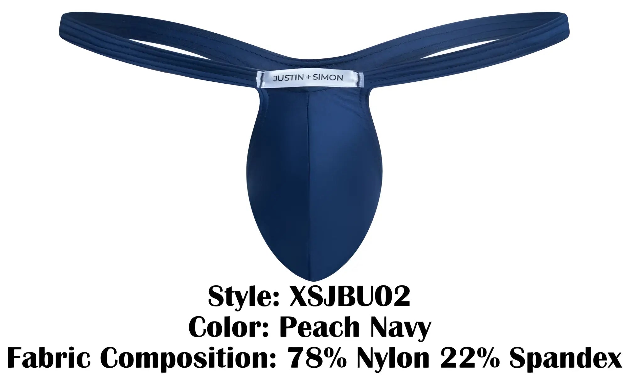 Peach navy justin simon bulge thong in sleek form-fitting design made of 78 nylon 22 spandex front view