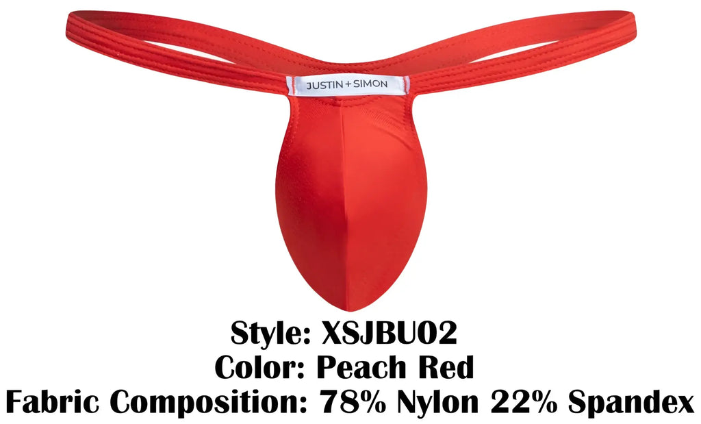 Peach red nylon and spandex bulge thong by Justin Simon showing front view in XSJBU02 model