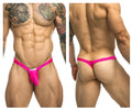 Vibrant pink nylon thong with a small white label at the front from justin simon xsjbu02 bulge thongs collection