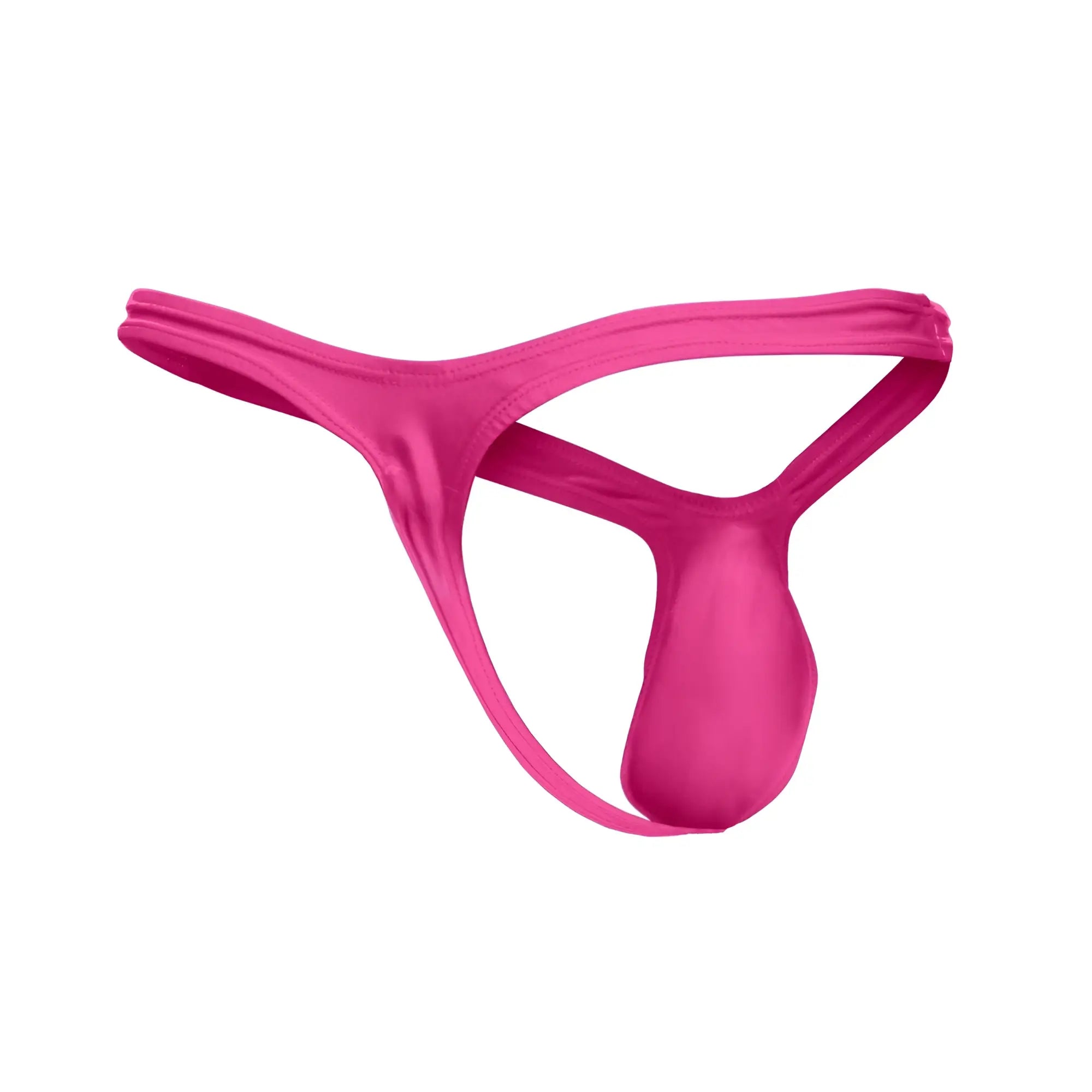 Vibrant pink satin JUSTIN+SIMON XSJBU02 bulge thong with smooth glossy finish and minimalistic design