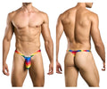Justin simon xsjbu02 bulge thong in rainbow color pride flag with stretchy fabric and calvin klein logo on front