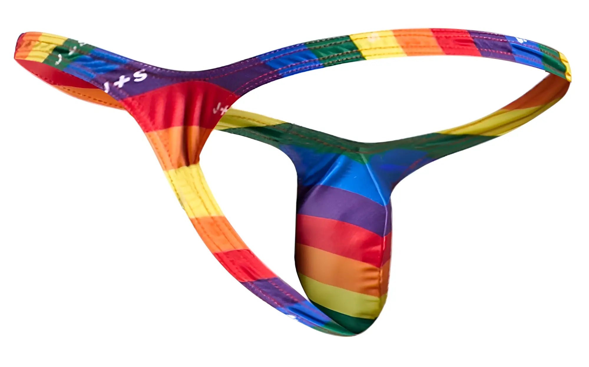 Rainbow-striped men’s thong with glossy stretchy fabric and j+s branding on waistband from justin+simon pride flag collection