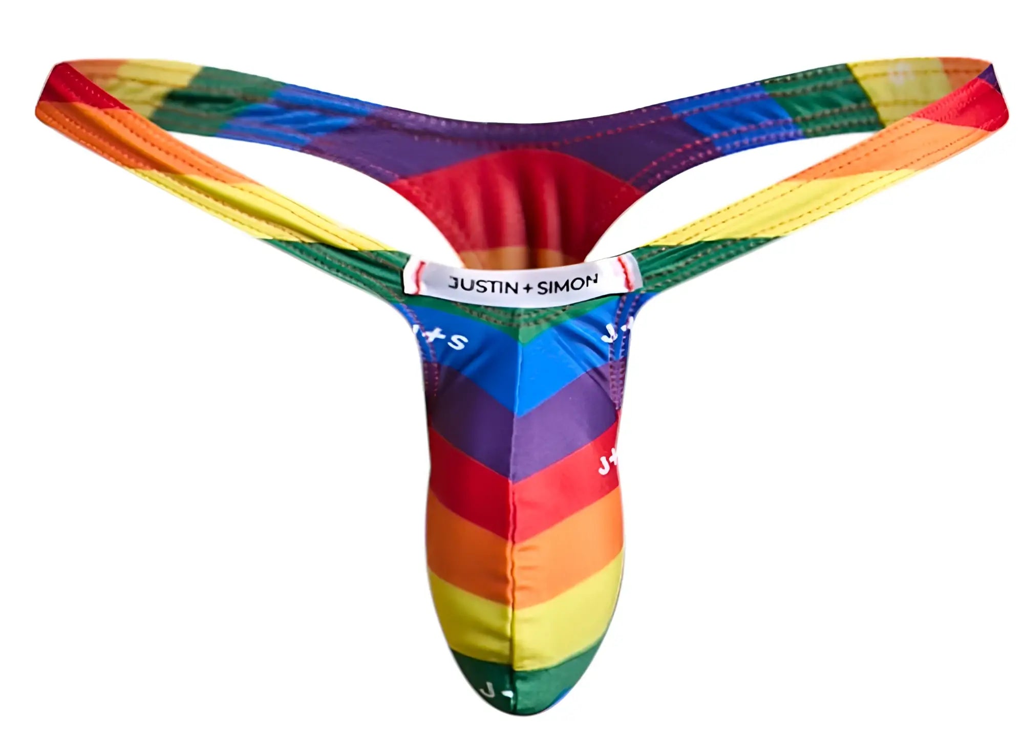 Rainbow-striped men’s bulge thong by justin + simon in pride flag colors designed for comfort and support