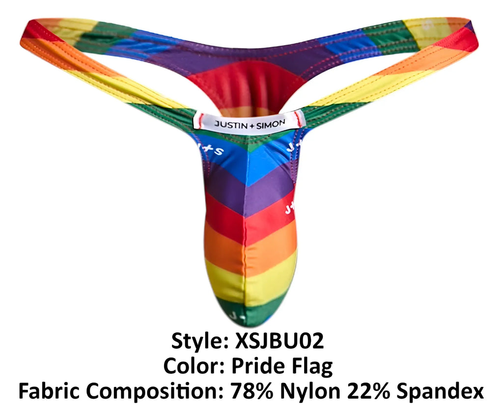 Justin+Simon xsjbu02 bulge thong in rainbow pride flag pattern made of 78% nylon 22% spandex fabric