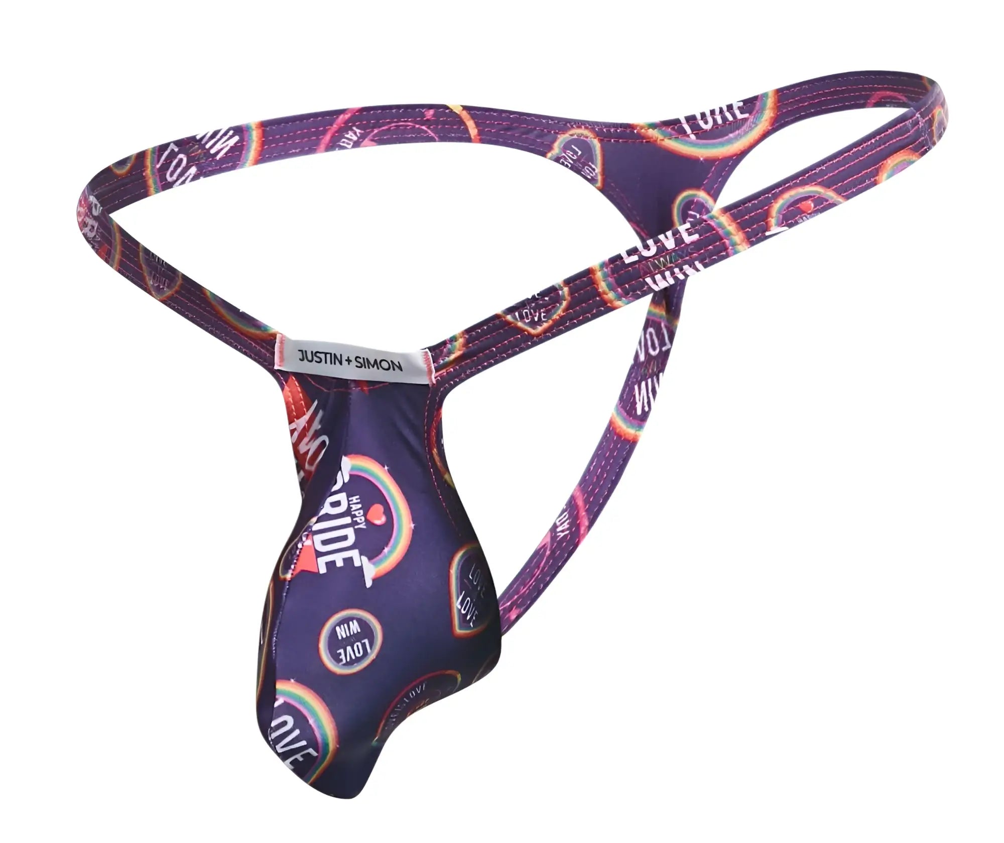 Purple and black patterned men’s thong with rainbow pride designs and justin + simon label in pride colorway