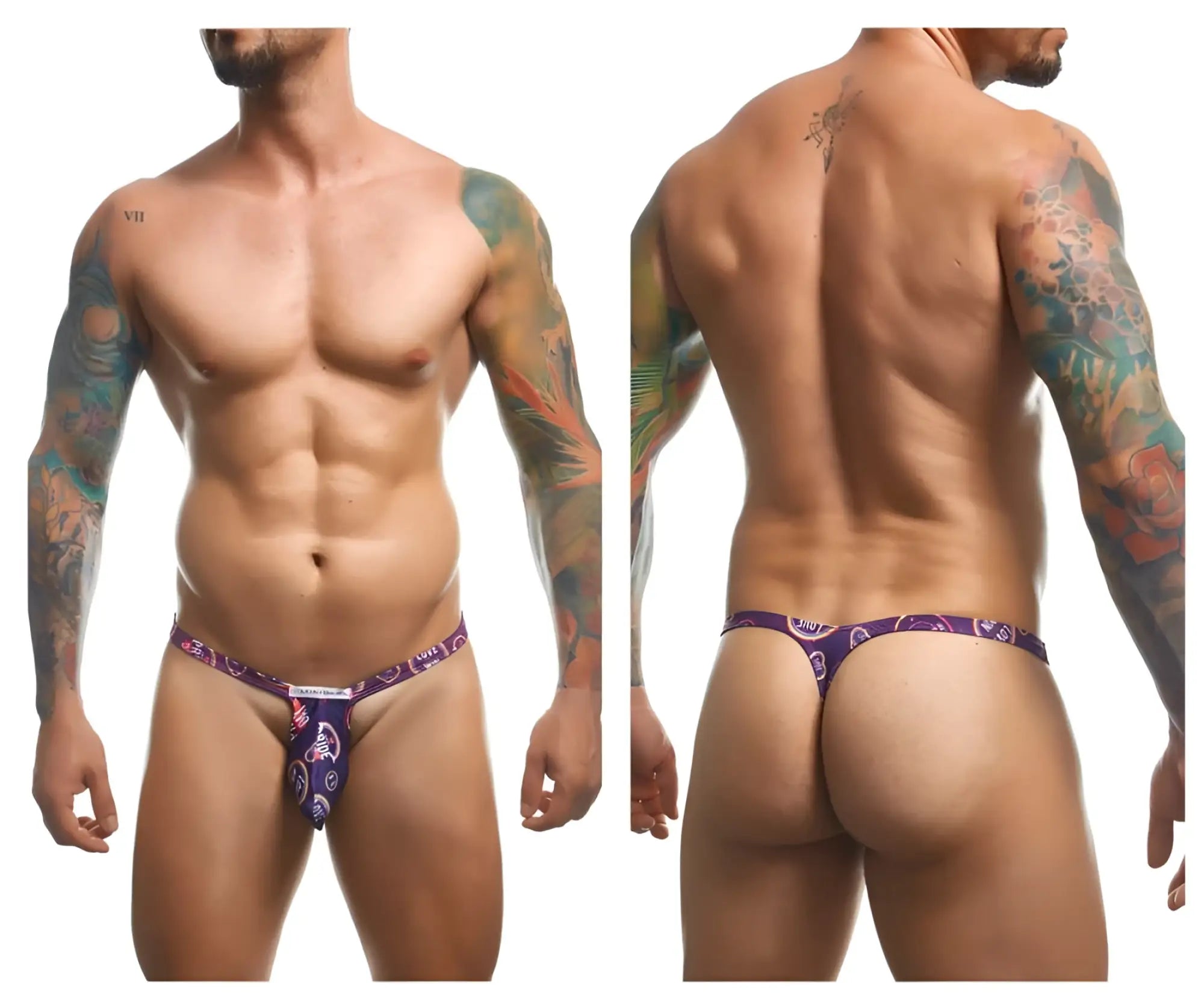 Purple patterned thong with paisley design by justin simon featuring bulge pouch for color pride style