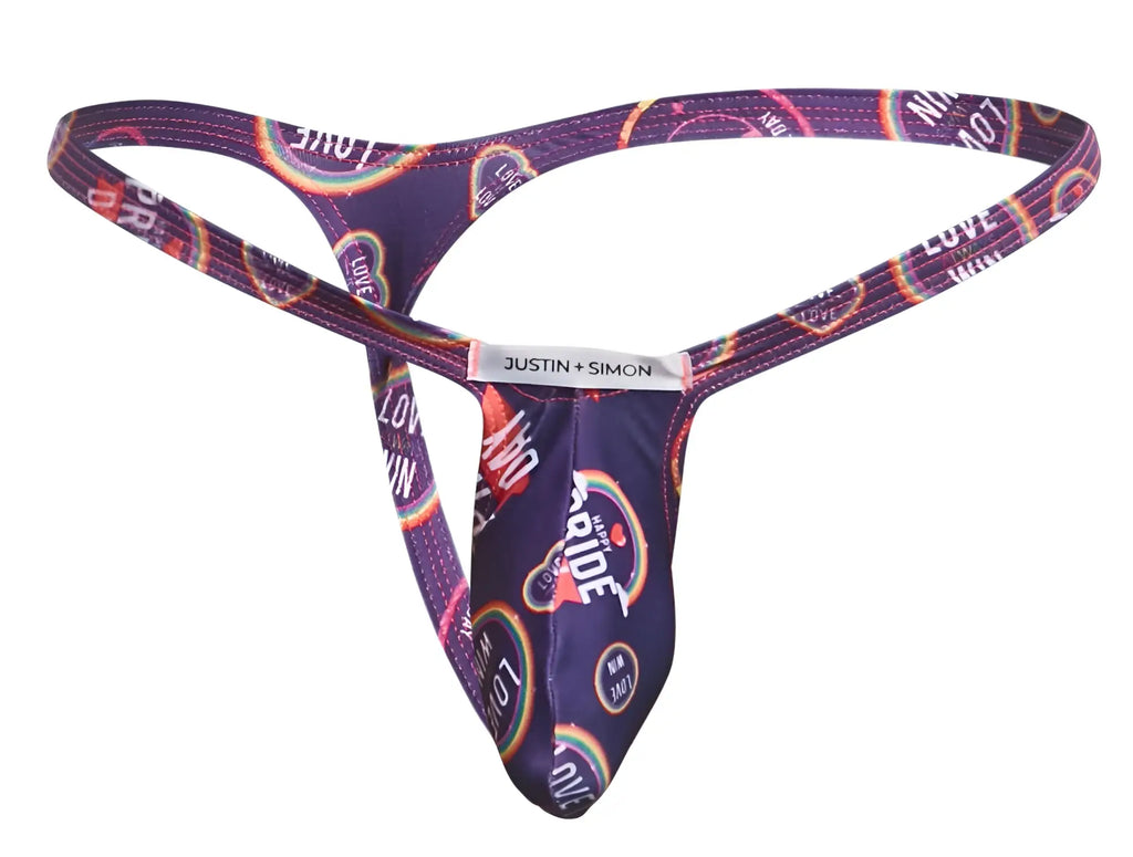 Purple bulge thong with rainbow love text pattern and white justin plus simon brand tag in color pride design
