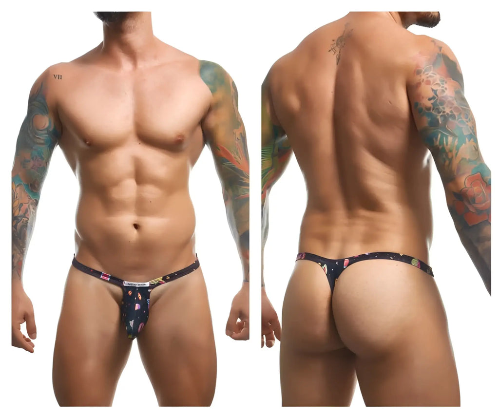 Black thong bulge thongs by justin simon in psychedelic colors with floral pattern and logo on waistband