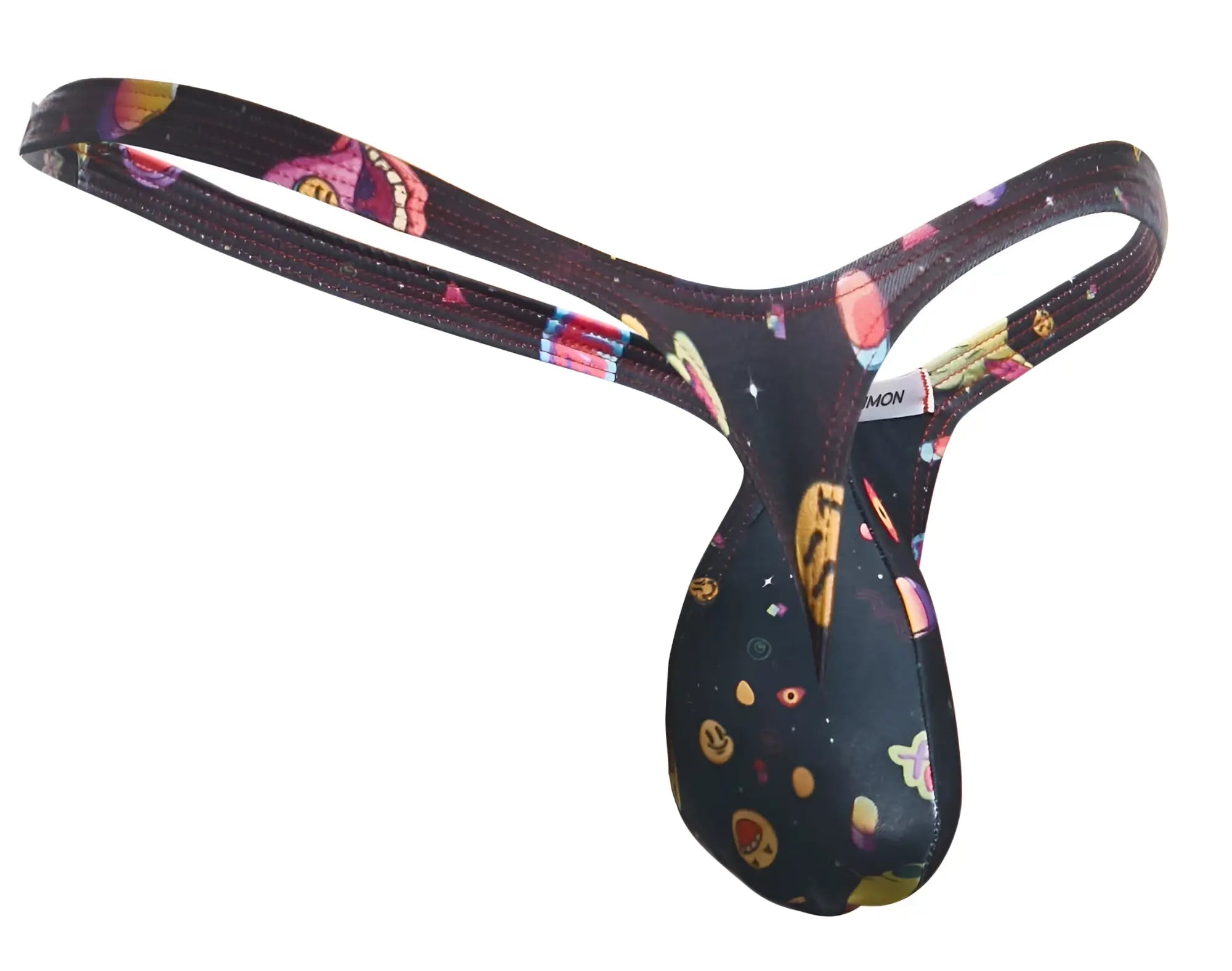 Black thong with colorful cosmic planets stars and cartoon faces on stretchy fabric from JUSTIN+SIMON XSJBU02 Bulge Thongs Color Psycodelic