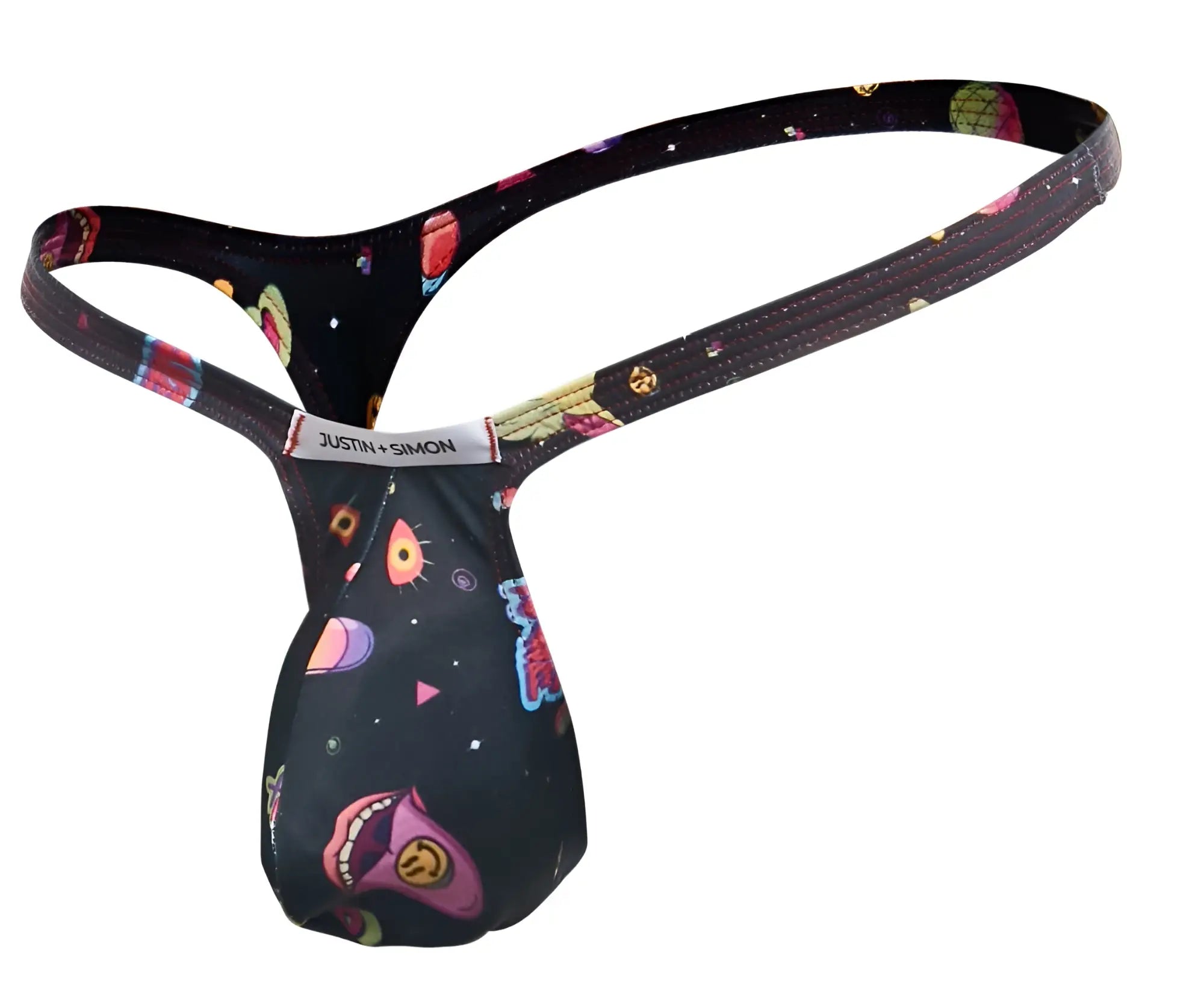 Black justin simon thong with vibrant cosmic design featuring colorful planets stars and cartoonish alien faces