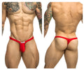 Red bulge thong by justin simon in satin with a small white front label for comfortable support