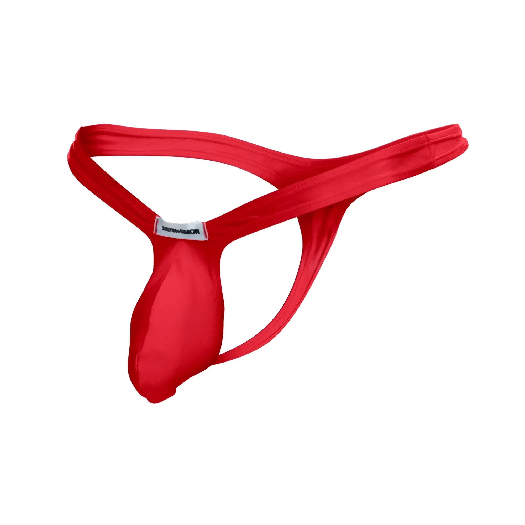 Vibrant red justin simon xsjbu02 bulge thong with smooth texture sleek minimalist design and small brand tag on back