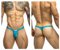 Bright turquoise blue justin simon xsjbu02 bulge thong with small white brand tag at the front