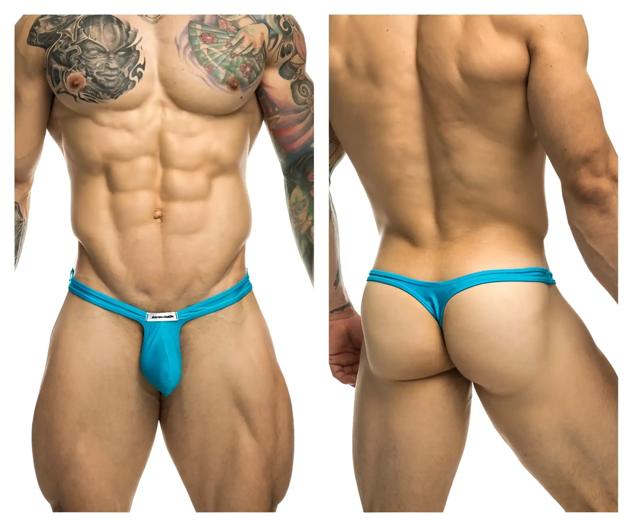 Bright turquoise blue justin simon xsjbu02 bulge thong with small white brand tag at the front