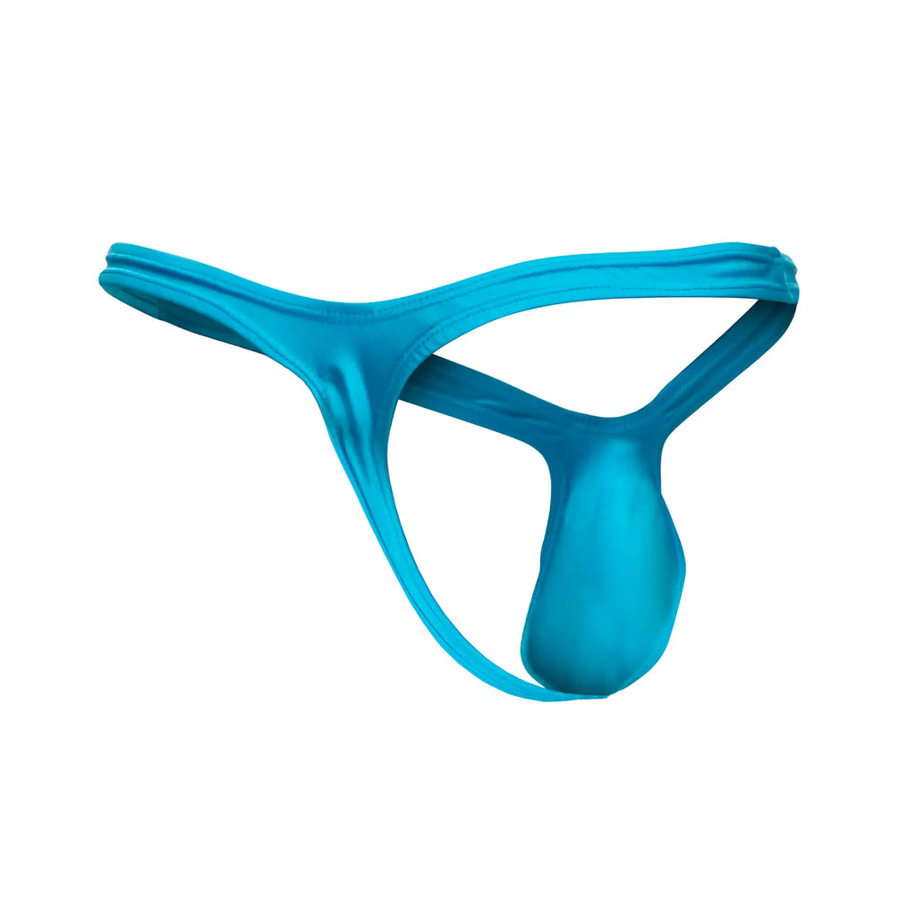 A vibrant turquoise justin simon bulge thong made of smooth stretchy fabric with a sleek minimalist design