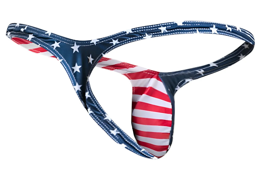 Justin simon xsjbu02 bulge thong in usa flag colors with star and stripe pattern for patriotic wear