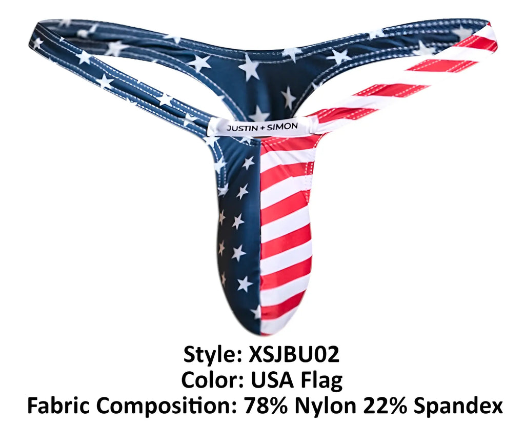 Justin simon usa flag bulge thong with navy blue stars and red white stripes made of 78% nylon 22% spandex