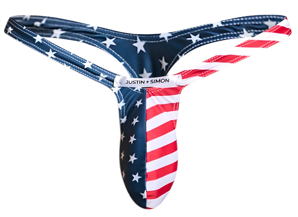 Justin simon american flag-themed bulge thong in red white and blue fabric showing the back side of the product