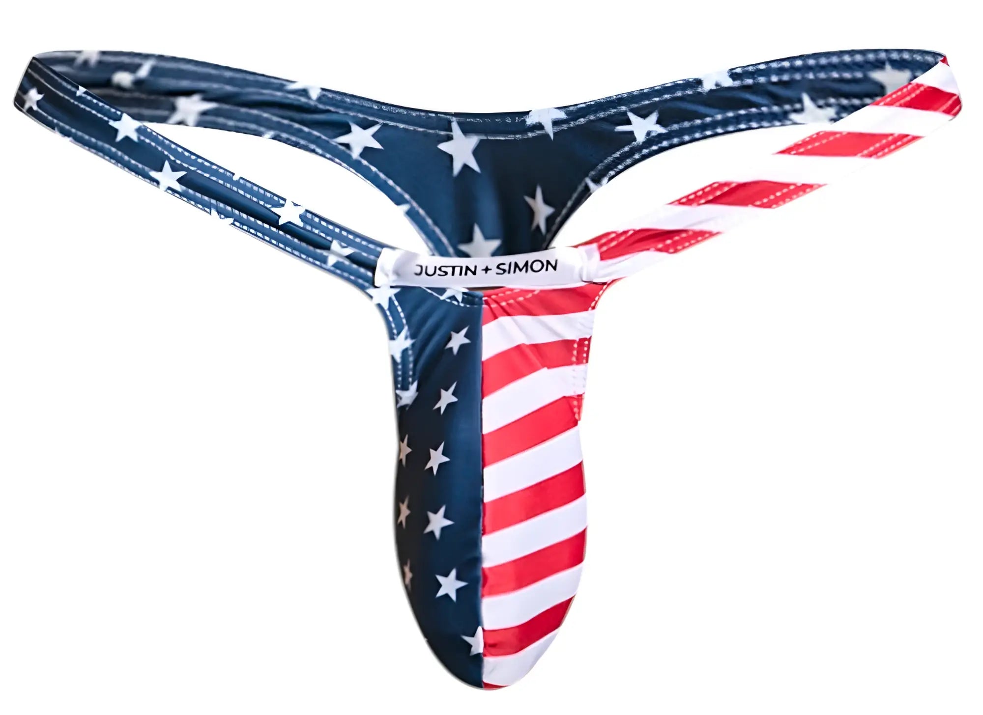 Justin simon american flag-themed bulge thong in red white and blue fabric showing the back side of the product