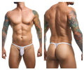 White mesh athletic-cut thong with thin waistband and arrow brand name printed in black on the front by justin simon