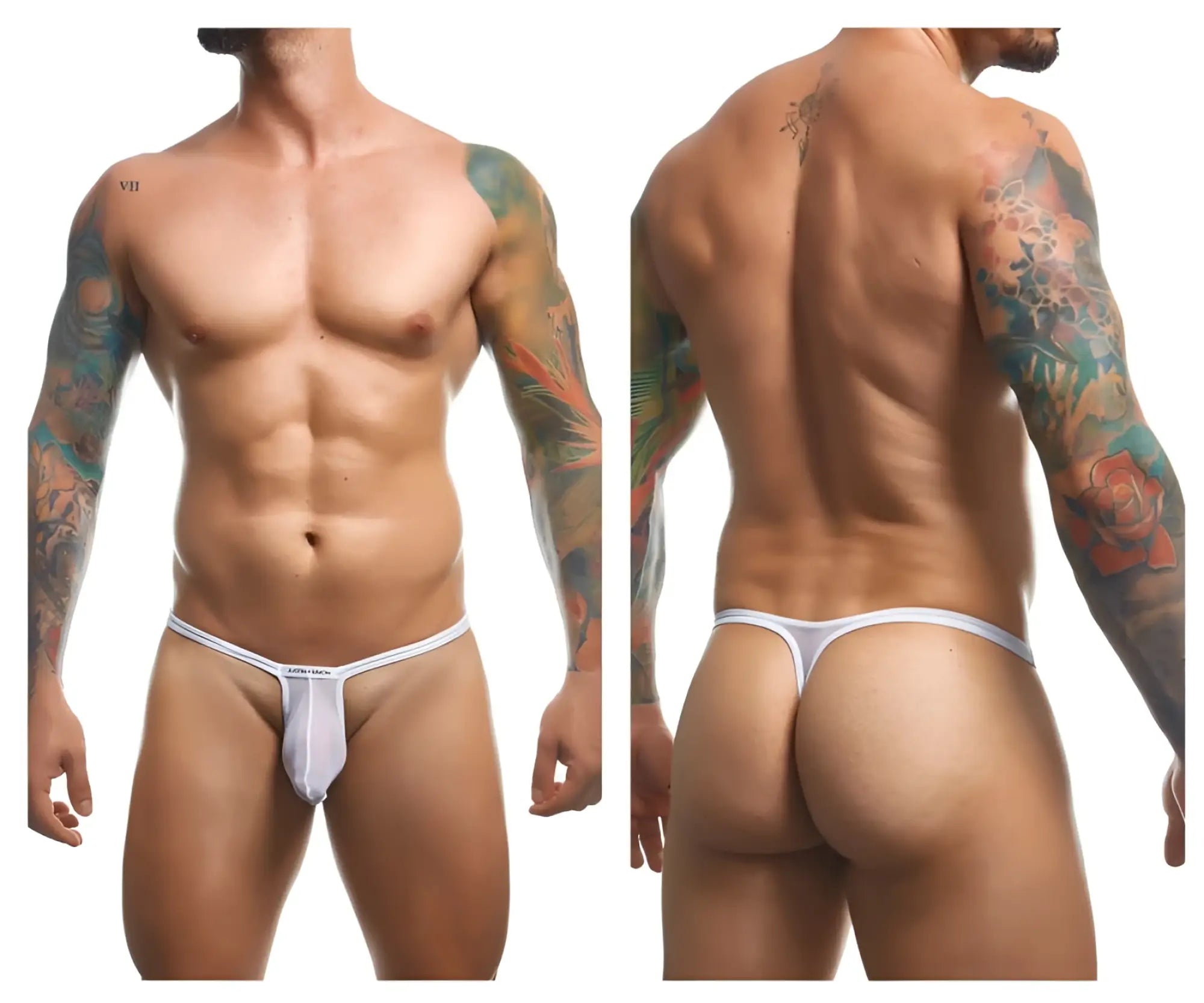 White mesh athletic-cut thong with thin waistband and arrow brand name printed in black on the front by justin simon