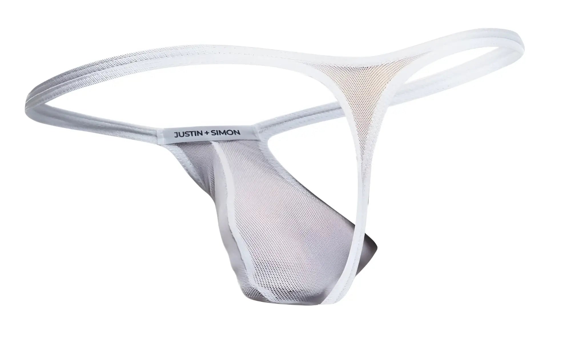 Justin+Simon xsjbu02 white mesh bulge thong with sleek minimalist design and subtle silver trim