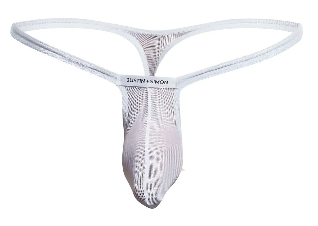 White mesh bulge thong with subtle sheen and justin simon brand label on waistband from JUSTIN+SIMON XSJBU02