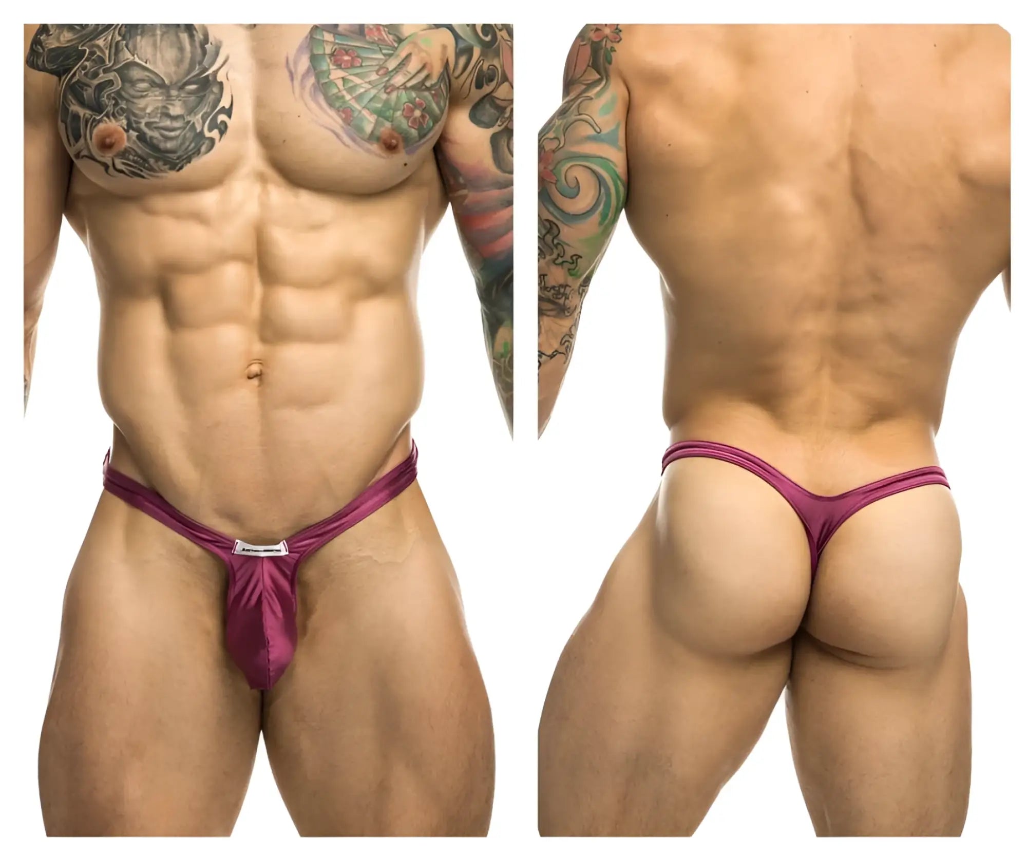 A vibrant magenta satin bulge thong by justin simon with a sleek design and a small metallic clasp at the front