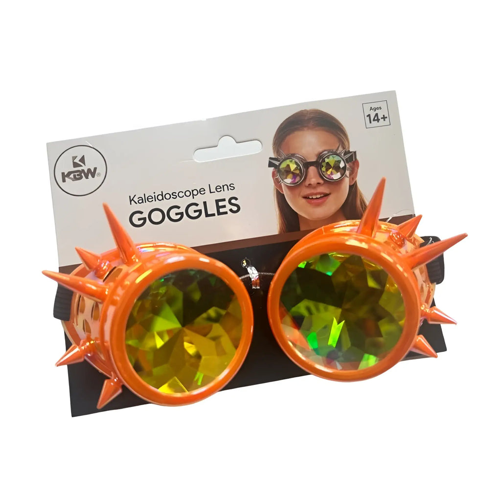 Kaleidoscope goggles with orange spikes and iridescent green and yellow faceted lenses for vibrant visual effects