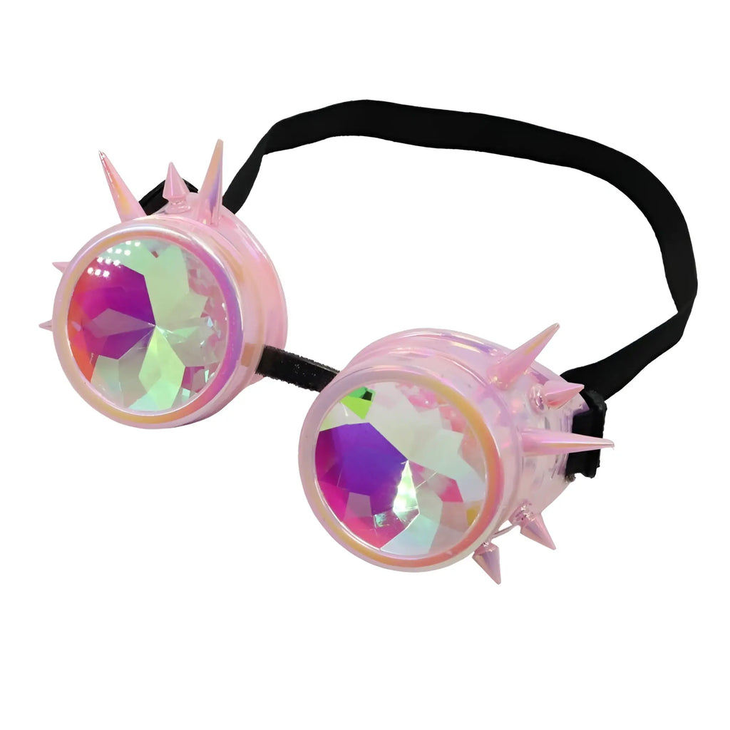 Kaleidoscope goggles with sharp spikes featuring pink iridescent frame and rainbow-hued faceted lenses