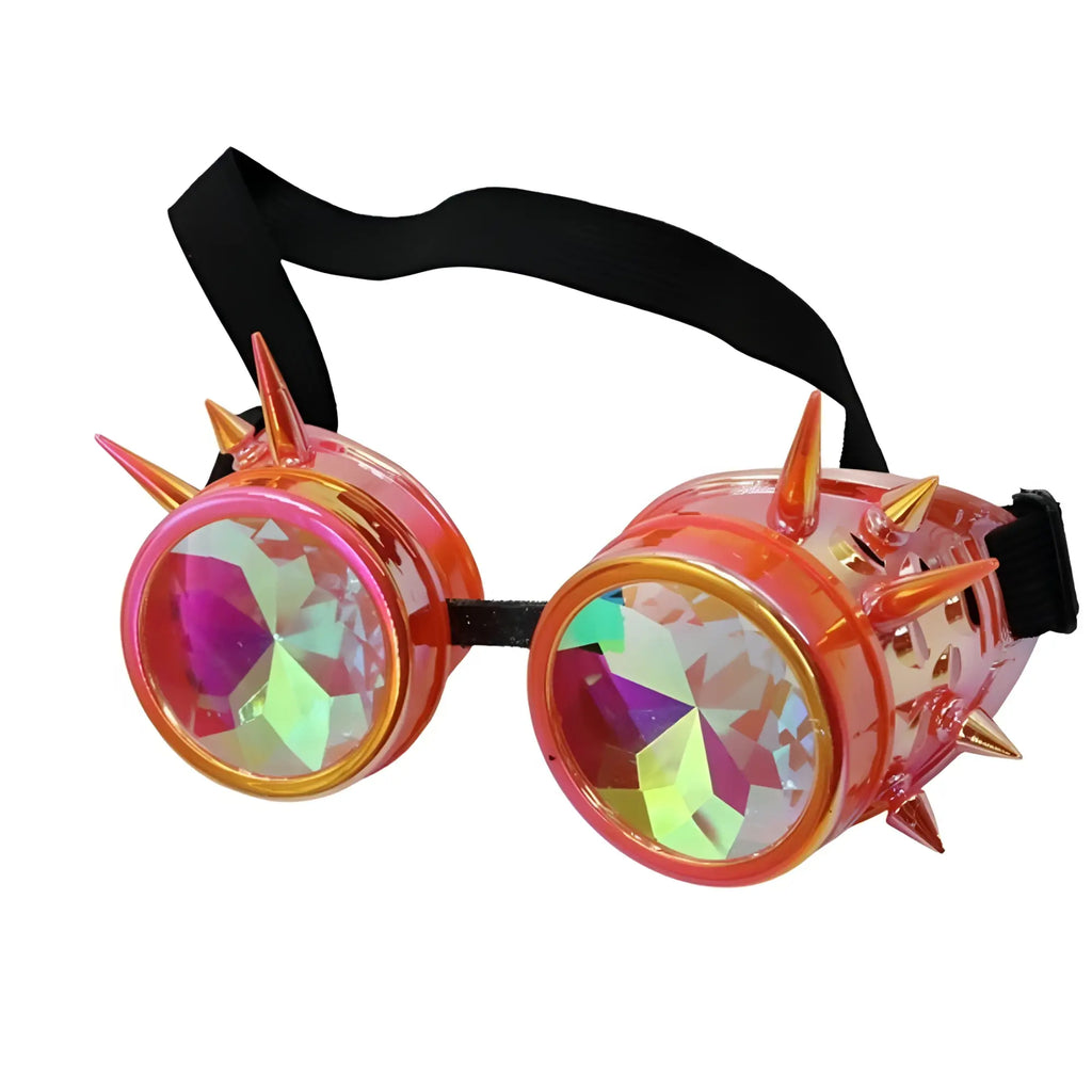 Vibrant pink and gold spiked kaleidoscope goggles with iridescent faceted lenses for steampunk style