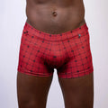 Red patterned kaleidoscope sq cut trunk boxer briefs with black geometric design for comfortable daily wear