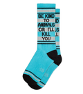 Be kind to animals crew socks featuring turquoise and black stripes with a bold be kind to animals or ill kill you message in black text